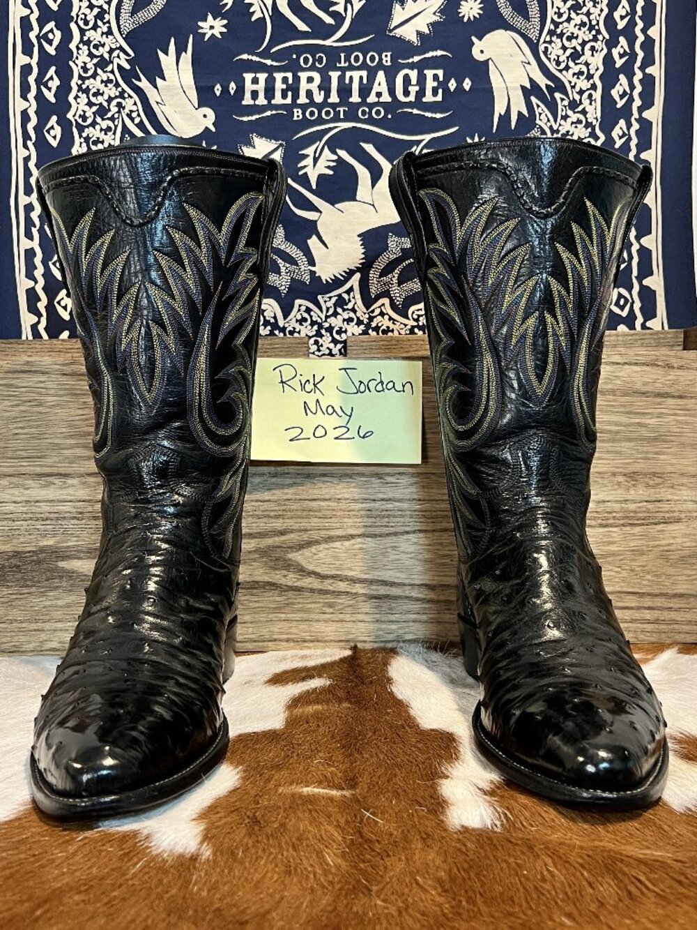 High-End Paul Bond Black Full Quill Ostrich Cowboy Boots in Men's Size 11.5D